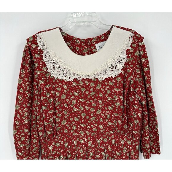 vintage 80s COTTAGECORE HOLIDAY dress midi lace bib floral prairie 3/4 sleeve L - Picture 3 of 7
